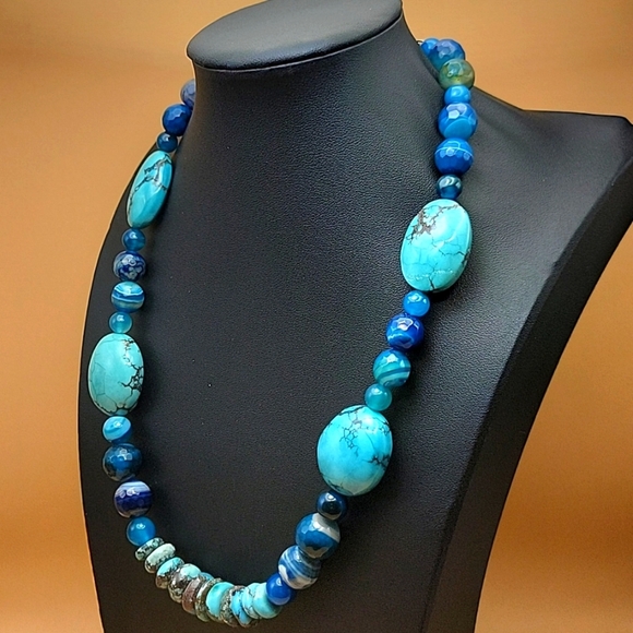 640 Cts Natural Turquoise & Blue Faceted Onyx Beaded Boho Gemstone Necklace - Picture 3 of 10